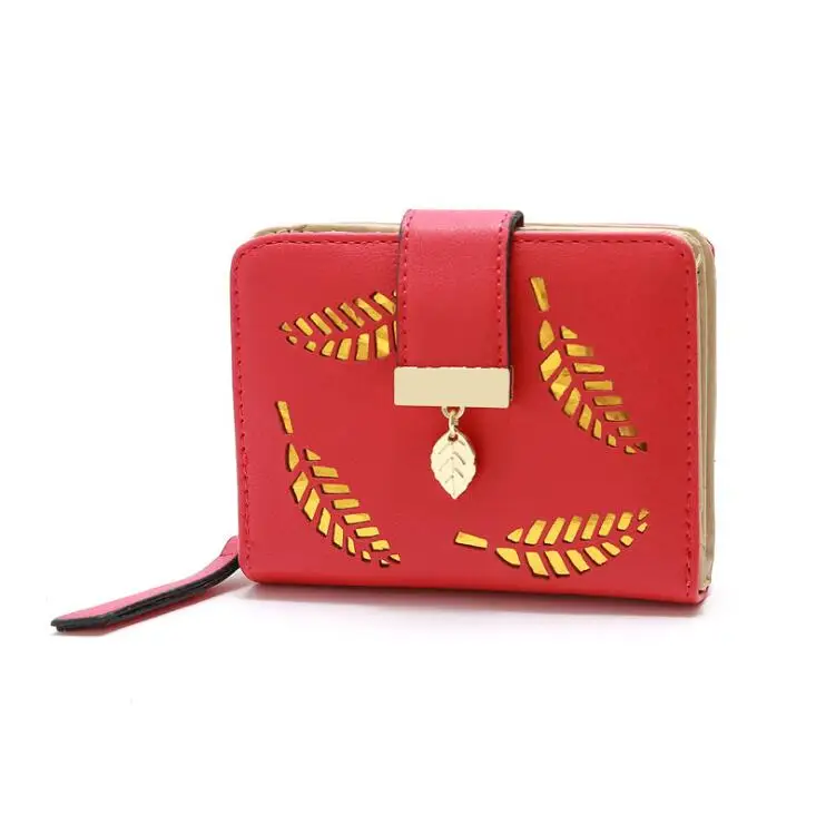 

Cute Girl Small Purses Leaf Bifold Card Coin Holder Buckle Zipper Clutch Wallet Chic Women Short Purse, Red, wine red, blue, black, pink, rose red,light purple.