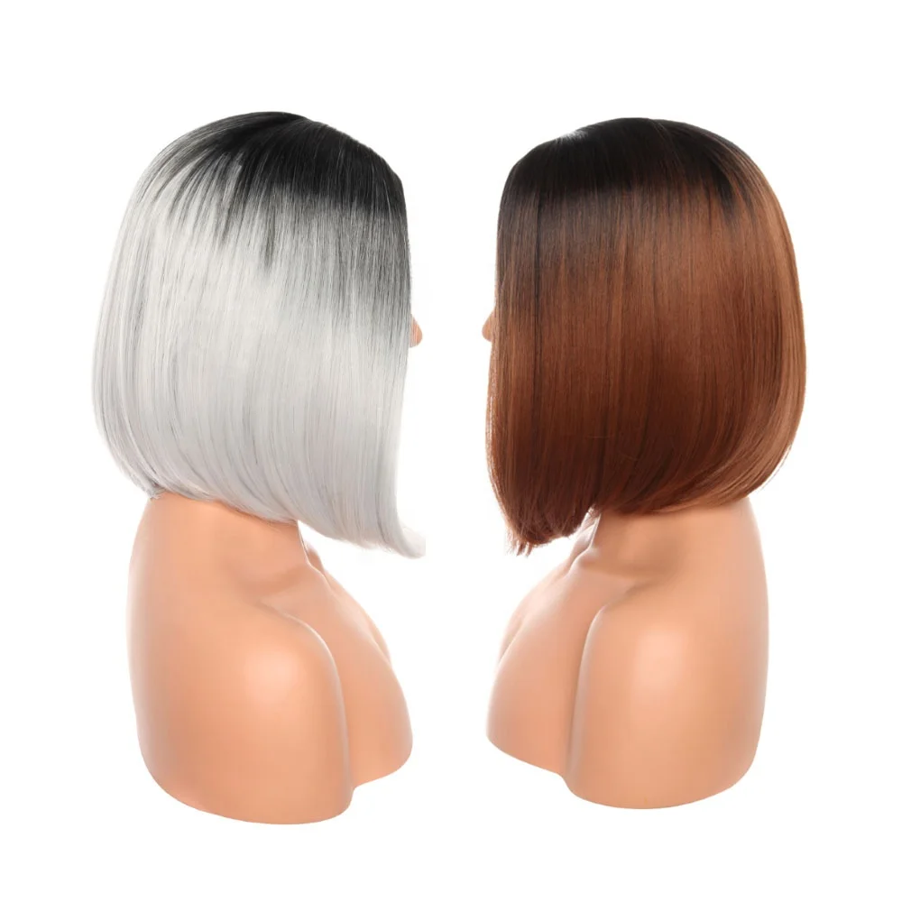 

S-noilite 12inch Middle Part High quality Synthetic Hair Short Bob Wig ombre grey heat resistant fiber non lace wig