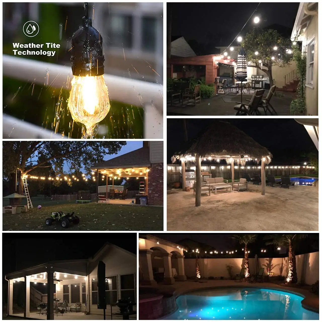 48ft LED Outdoor String Lights for Patio Garden Yard Deck Cafe Wedding Dimmable Weatherproof Commercial Grade