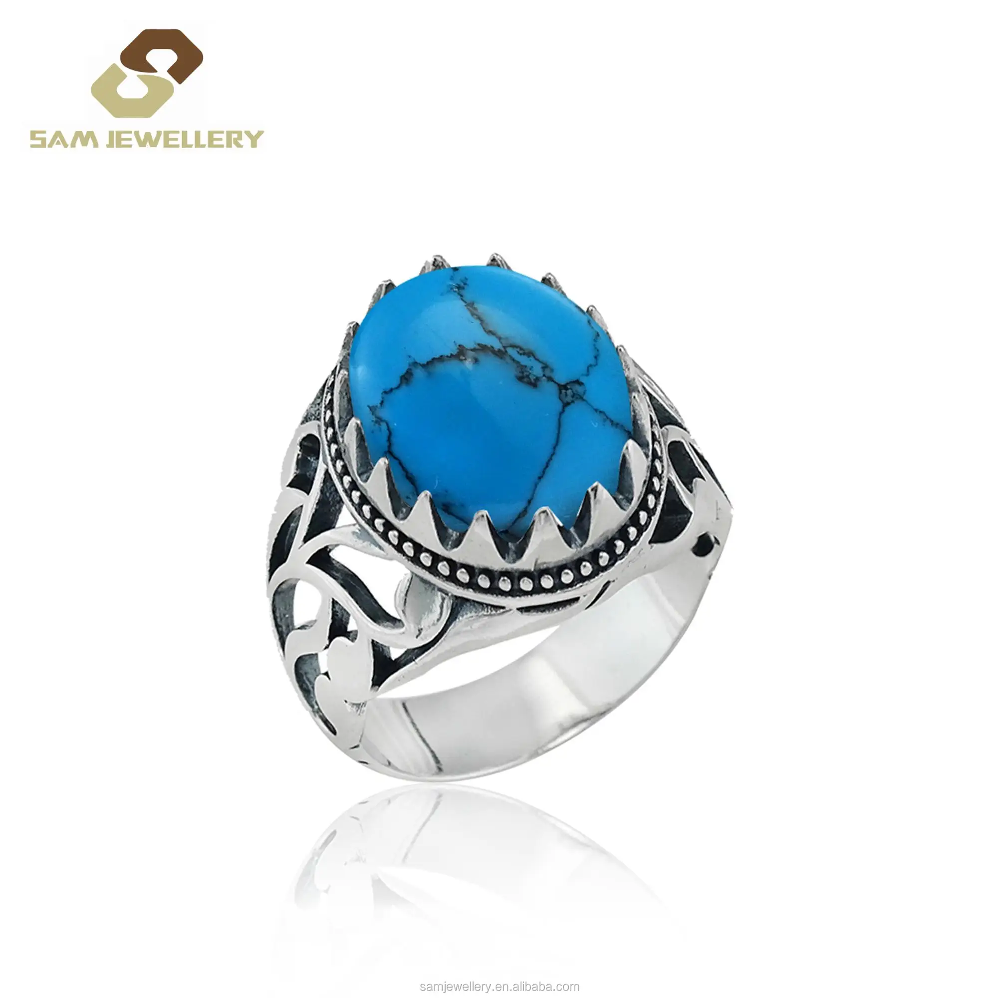 Silver Yemeni Aqeeq Blue Turquoise Engagement Men's Ring - Buy
