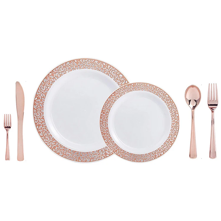 

Disposable Plastic Plates Rose Gold Design Party Tableware Sets Birthday Party Wedding Disposable Plastic Tableware