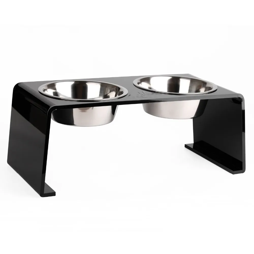 Customized Elevated Black Feeding Stand Acrylic Pet Feeder With 2 Stainless Steel Bowls For Cats