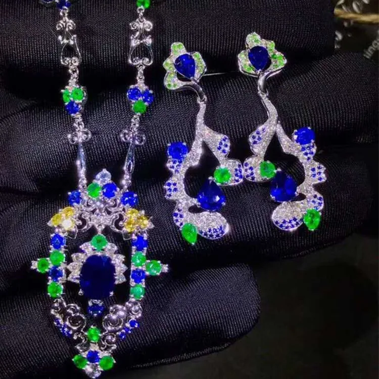

18k gold South Africa real diamond aquamarine emerald Sri Lanka natural royal blue sapphire earring necklace jewelry set female