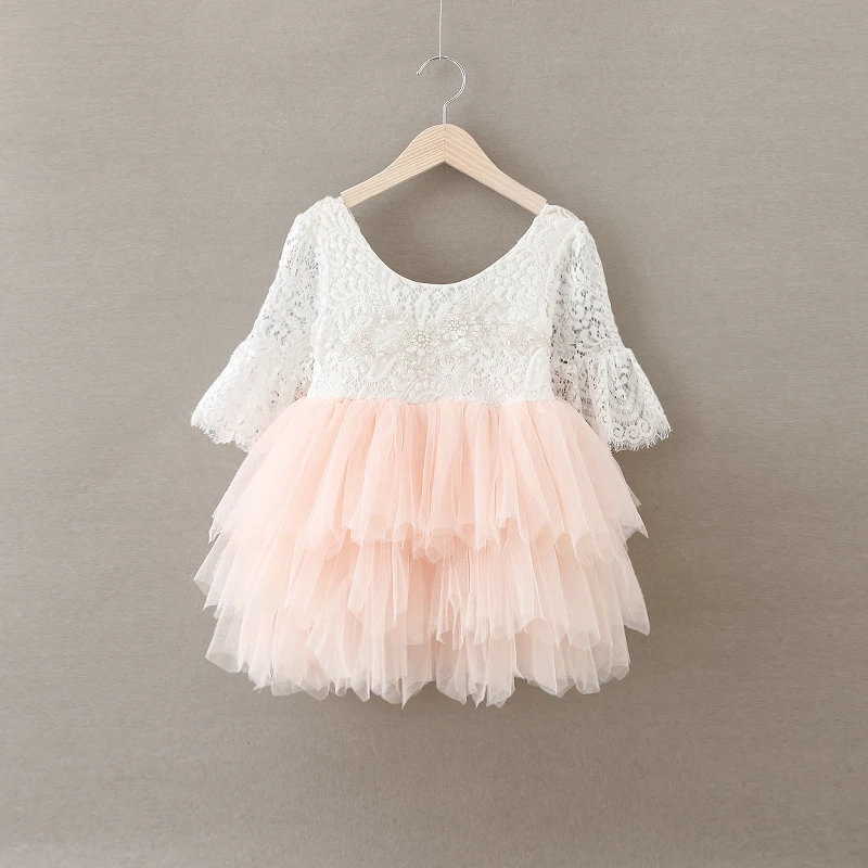 

New Fashion Sweet 3/4 Sleeve Multilayer Fluffy Children Girl Lace Tutu Dress, Pink;red;white;beige;purple