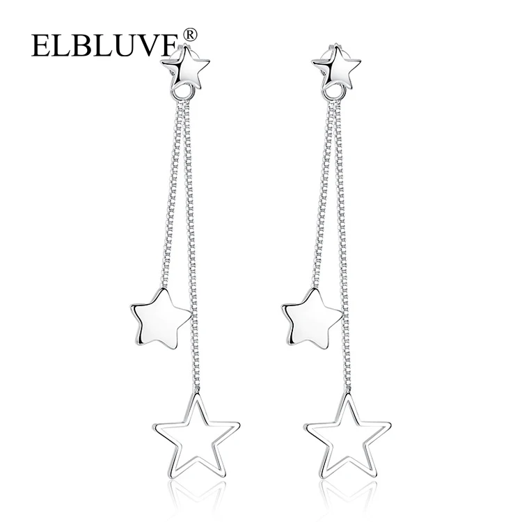 

ELBLUVF Copper Alloy S925 Plated Women Jewelry Hollow Star Shape Drop Dangle Tassel Earrings, White gold