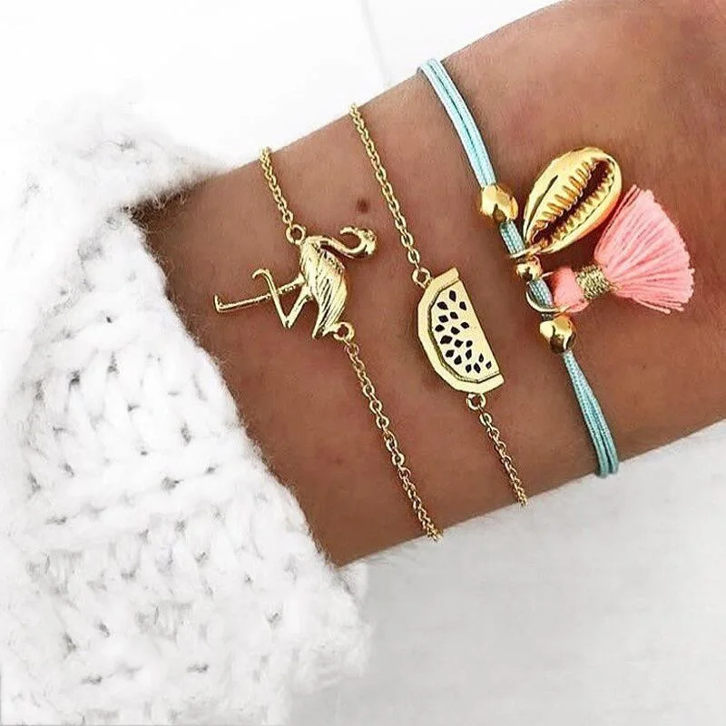 

3 Pcs/ Set Punk Women Multilayer Shell Flamingo Tassel Geometric Leather Chain Gold Bracelet Set For Beach Jewelry (SK020), As picture