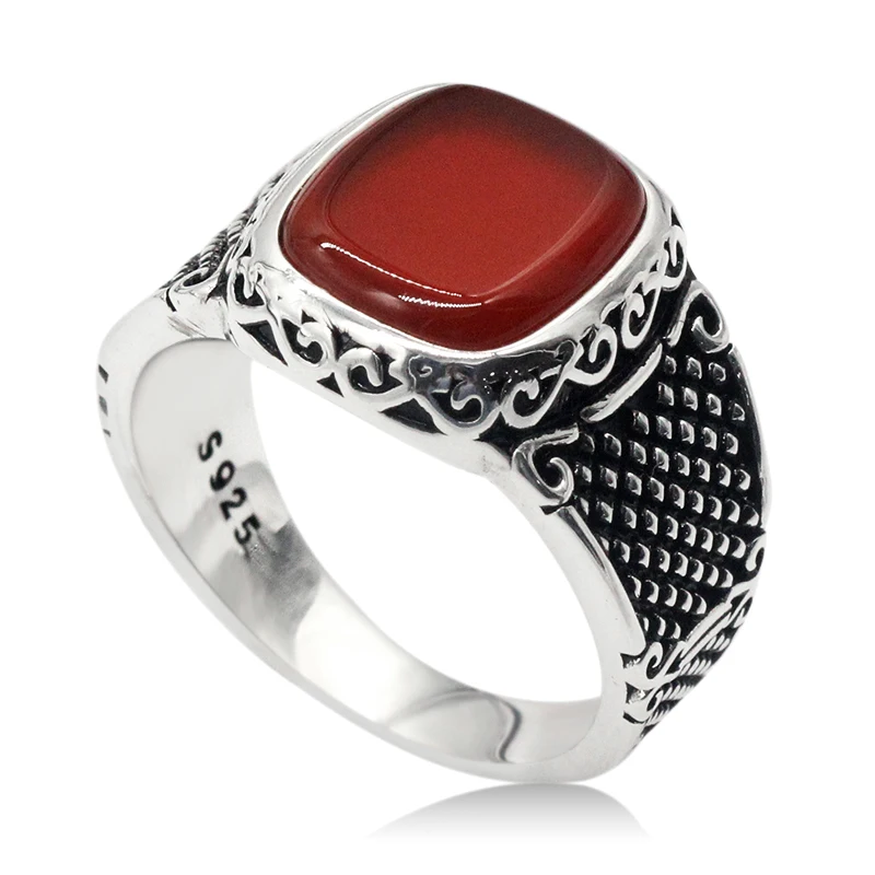 

Men Ring 925 Sterling Silver Sky Red Stone Geometric Vintage Punk Style Finger Ring for Man Fashion Jewelry Accessory