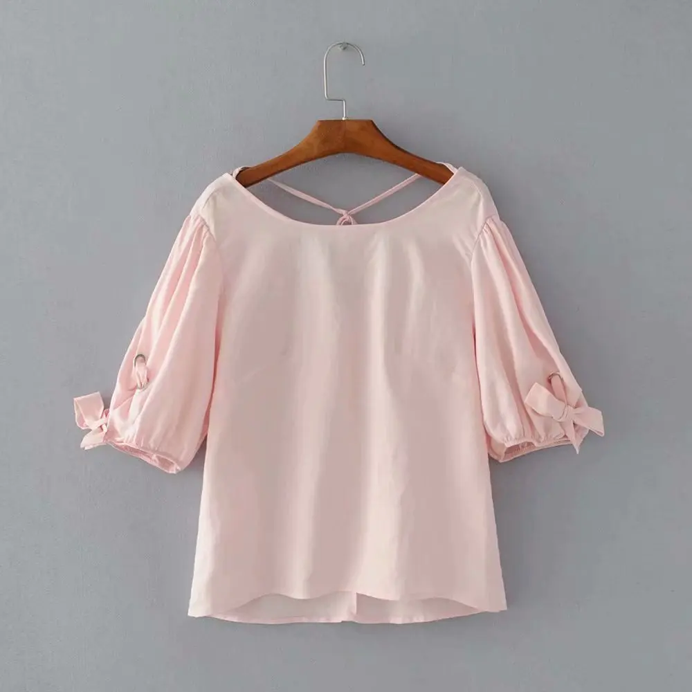 

Cotton linen o neck back crose sleeve bow tie women summer pink blouse