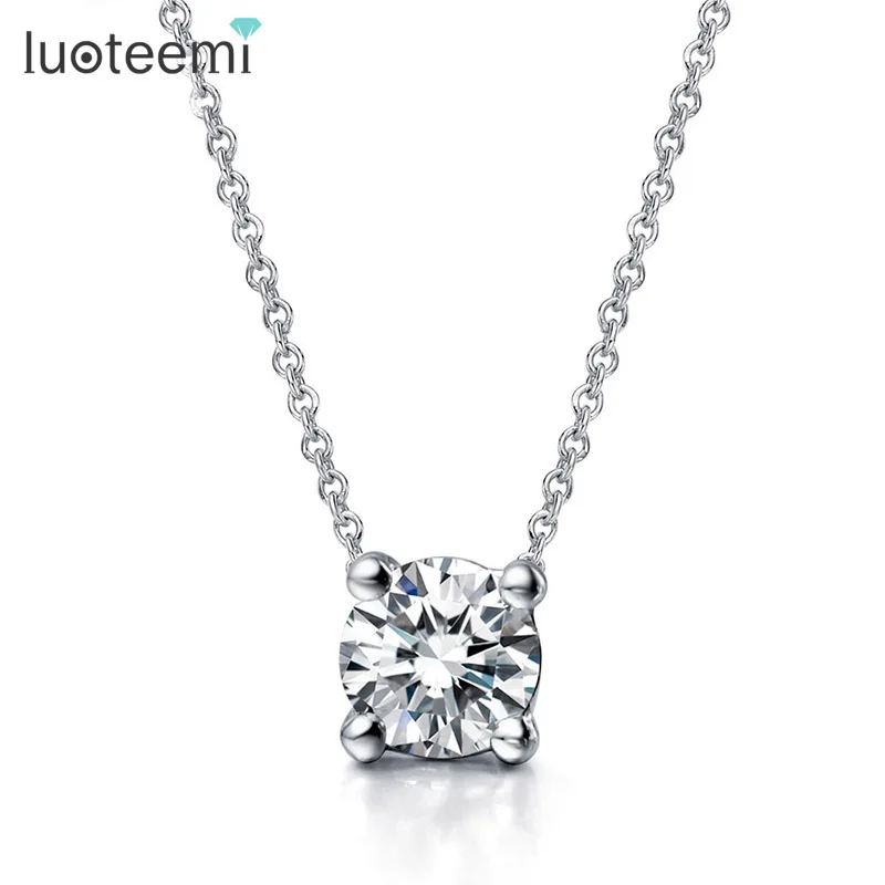 

LUOTEEMI Female OL Style Beautiful Rose Gold Plated 4 Prongs 7mm Round CZ Stone Pendant Necklace