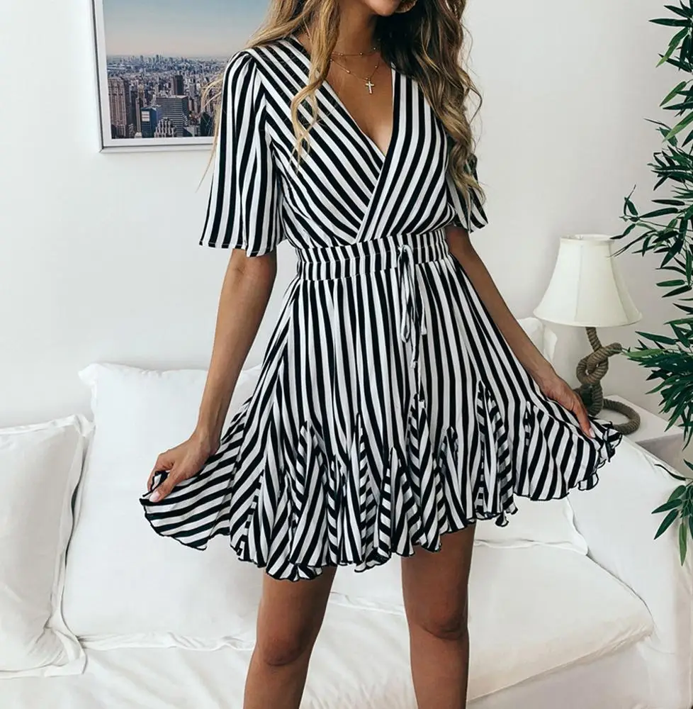 

2019 Hot Sale Fashion Printed Stripes Short Sleeves Women's Dresses