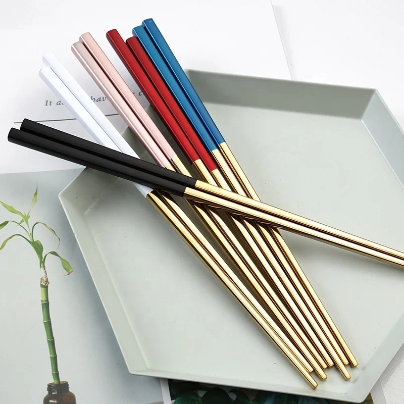 

Titanium Gold With Colorful Handle 304 Stainless Steel Square Chopsticks Metal Chopsticks, Blue/red/pink/white/black/gold/rose gold/blcak grey/sliver