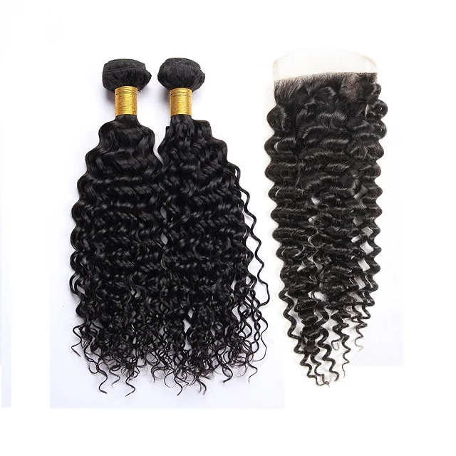 

Virgin Malaysian Hair Water Wave Wet And Wavy Curls Weave Brazilian Human Hair Bundles With Closure, Natural color