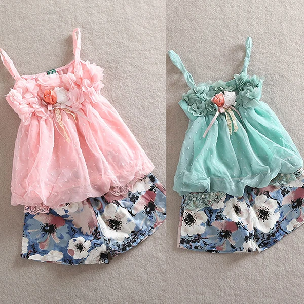 kids Outfits Girls Chiffon Straps Tops Floral Pattern Short Cute Costume 2Pcs1 5Y