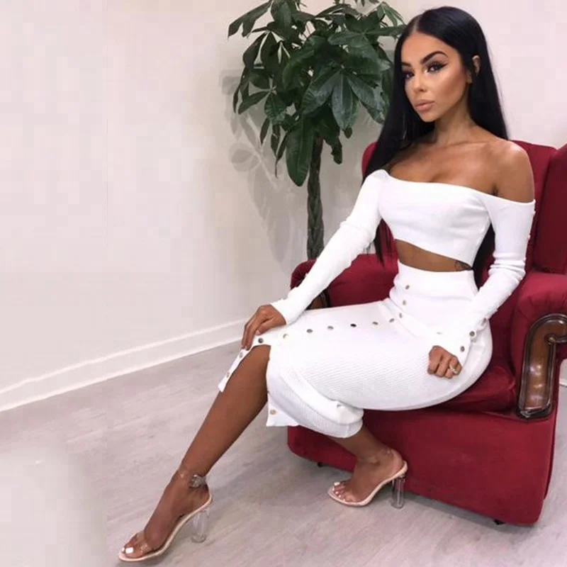 Fashion girl long sleeve crop tops sexy skirts 2018 summer women matching clothing sets casual dress