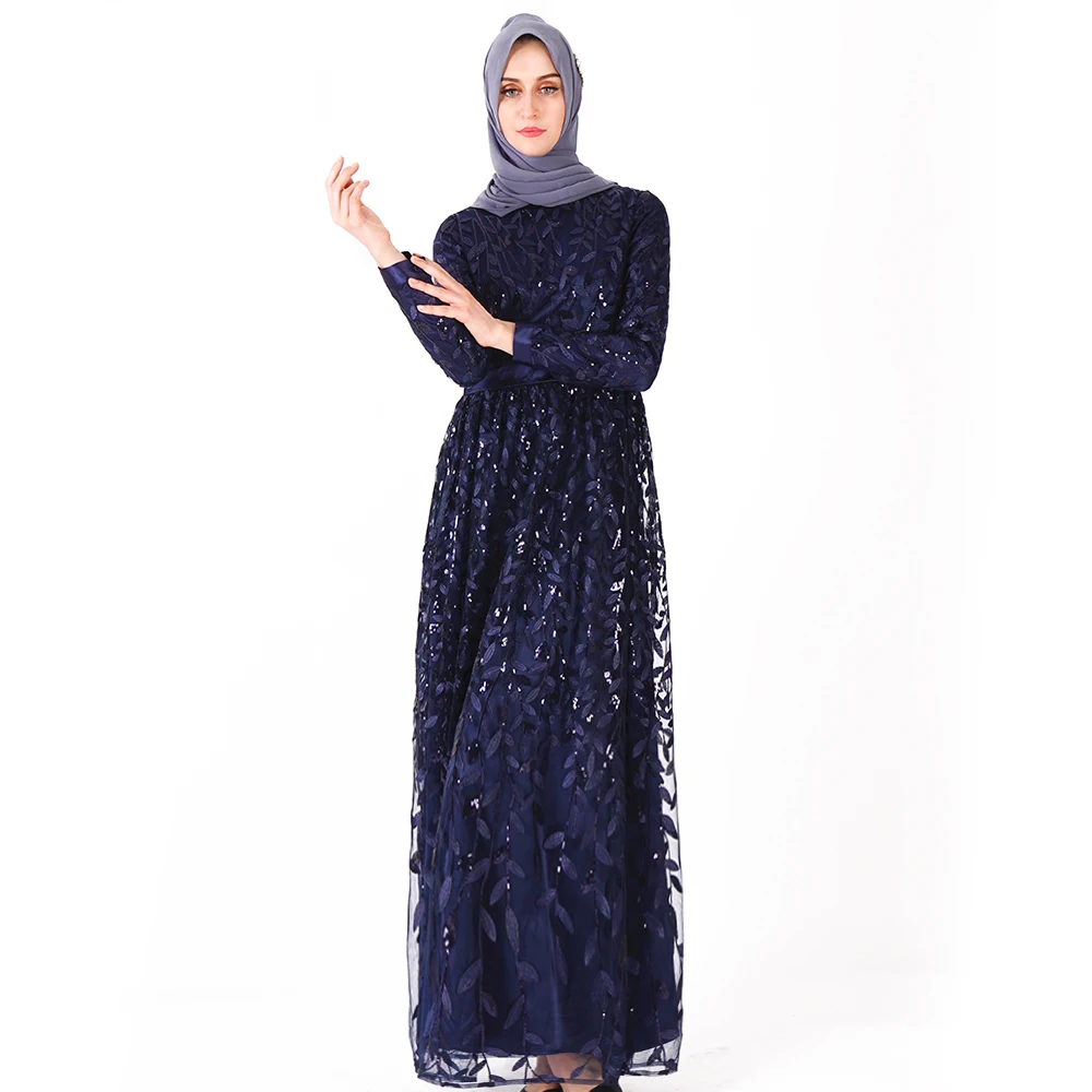 

Modern Jilbab Abaya Round Collar Turkey Design Dress Sequins Embroidered Islamic Clothing, Navy