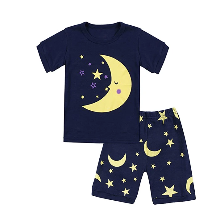 

Round collar short sleeve t shirt set wholesale digital printed moon stars boys clothing sets dark blue child baby cloth custom