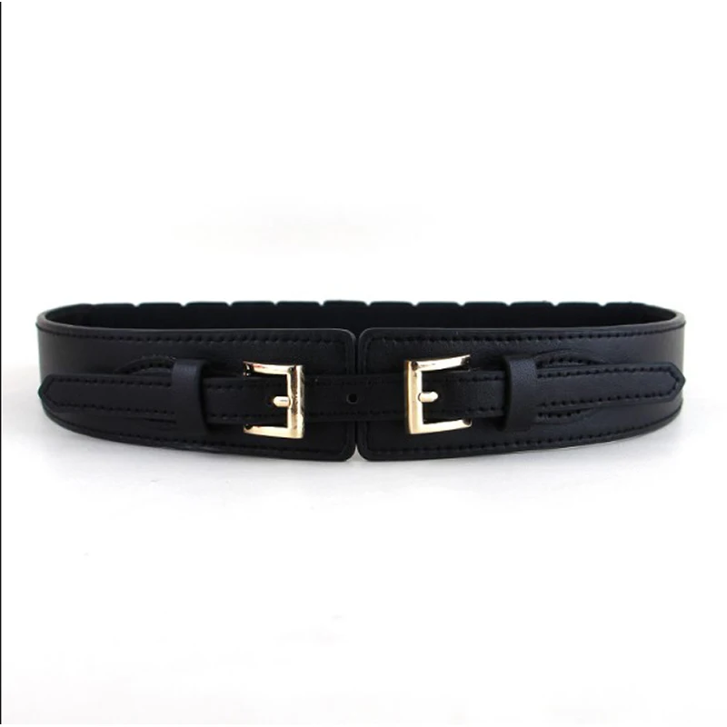 

bg-041 cute double Pin Buckle designer Belts for Women PU Leather Corset Belt New Elastic Waistband femme cinto, Black