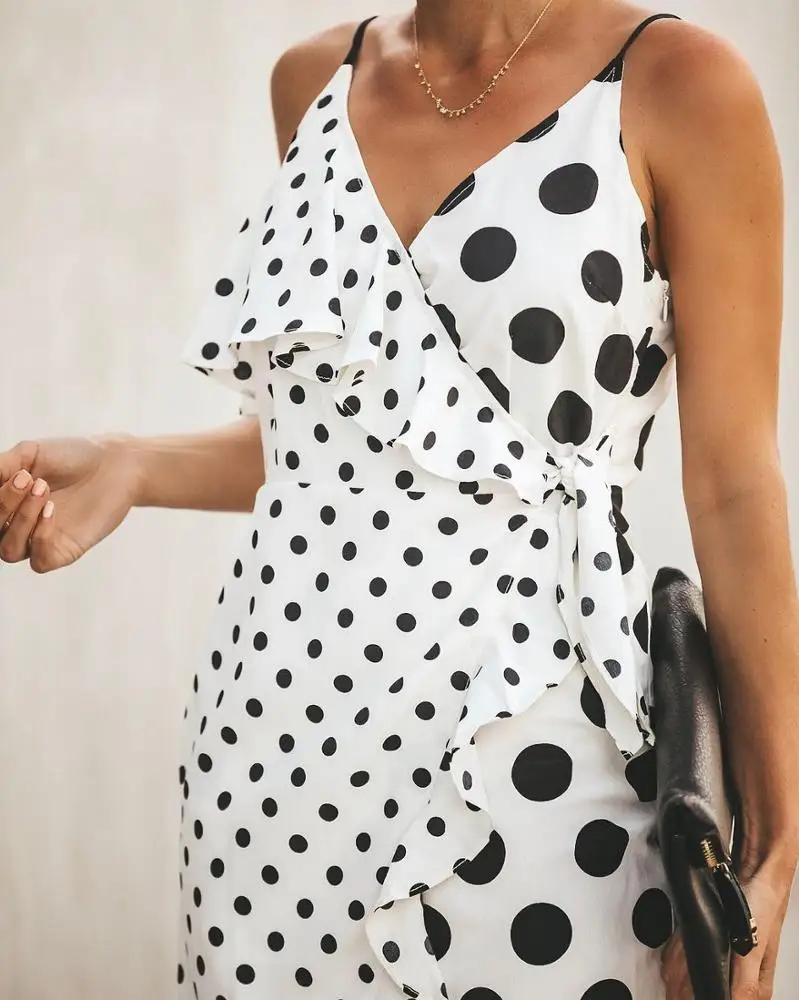 

Woman V Neck Long Frock Polka Dots Party Dress, Shown