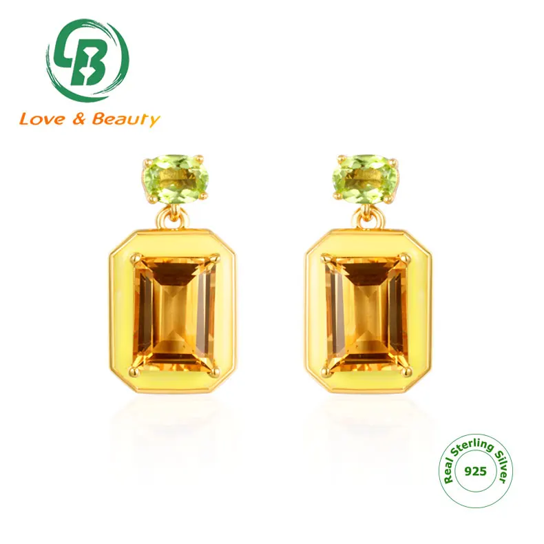 

Luxury gold natural gemstone enamel peridot citrine baguette 925 Sterling silver stud earrings