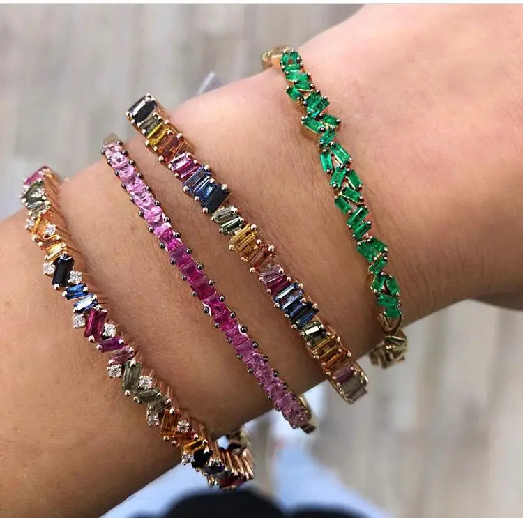

2021 latest new design colorful baguette cubic zirconia gemstone cuff bangle bracelet for lady, Multi color or customized
