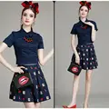 2016 new style summer suits crop top and red lips print pleated skirt set women 2