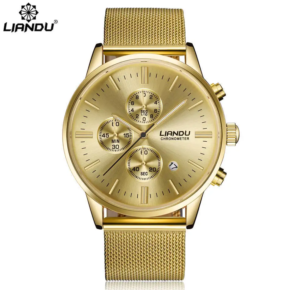 

LIANDU 6016 Men's Luxury Chronograph Luminous Black Quartz Watch Fashion Stainless Steel Mesh Casual Wristwatch Clock, 2 color for you choose