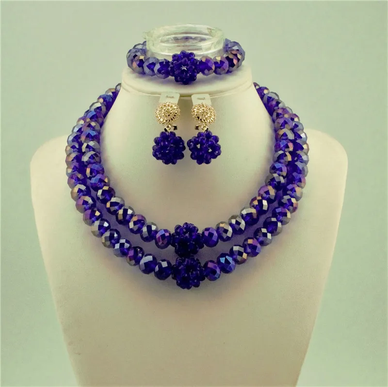 

2018 Hot Sale Nigerian Wedding bridal African Beads Jewelry Set statement Big Necklace / Earrings set blue crystal jewelry set, Picture