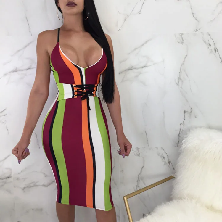 

YQ223 women Sexy tight knitted Strip braces skirt cheap club dress midi bandage dress, As shown