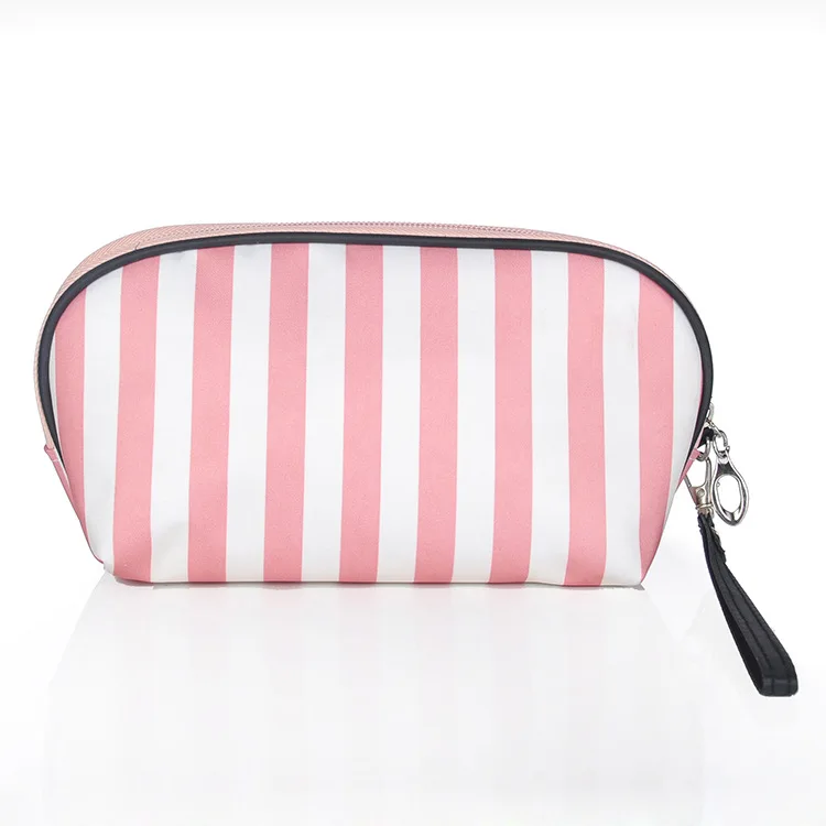 

High Quality New Custom Pink Striped Half-round Make up Bag PVC Private Label Makeup Bag