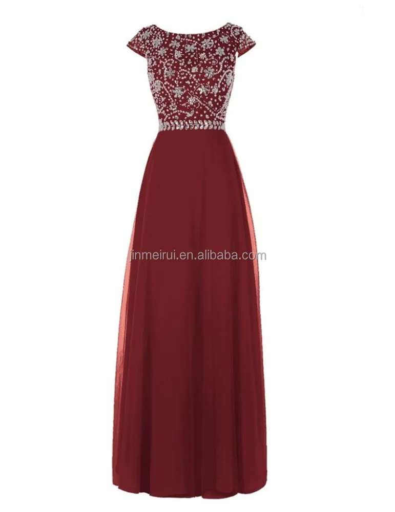 

Burgundy Wind Red Evening Gown Robe De Soiree 2020 Free Shipping Scoop Short Sleeve Chiffon Long Prom Dress with Crystals beaded, Plum