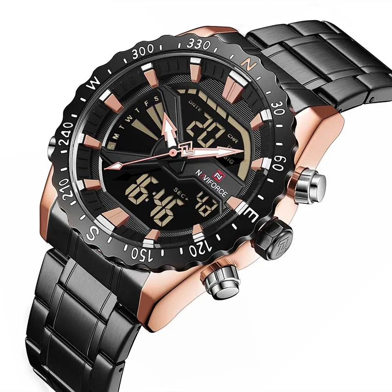 

Top Brand Men Watches Military Heavy Dial Dual Time Quartz Digital Clock Stainless Steel Luxury Naviforce 9136 Men Wrist Watches