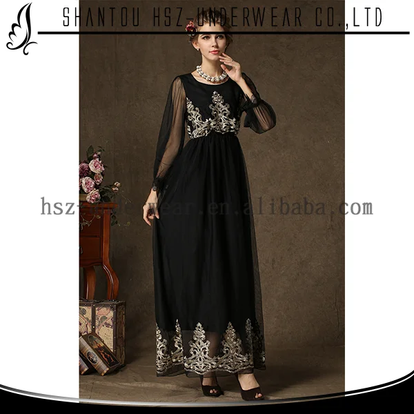 

Modesty beautiful black islamic women dress elegant maxi dress long sleeve abaya embroidery designs MD9508