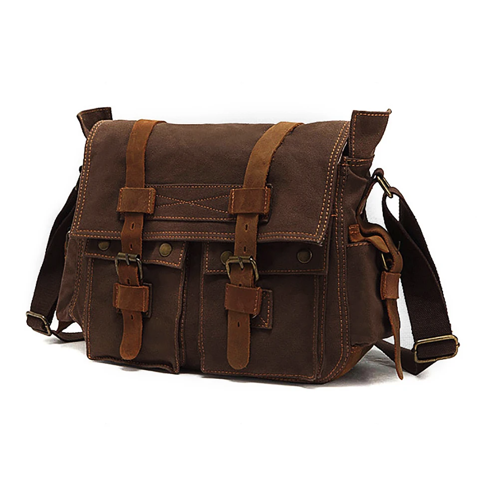 

19SC-8049M Low MOQ high quality quick shipment OEM mens durable canvas messenger bag with vintage leather tirm, Khaki or customized