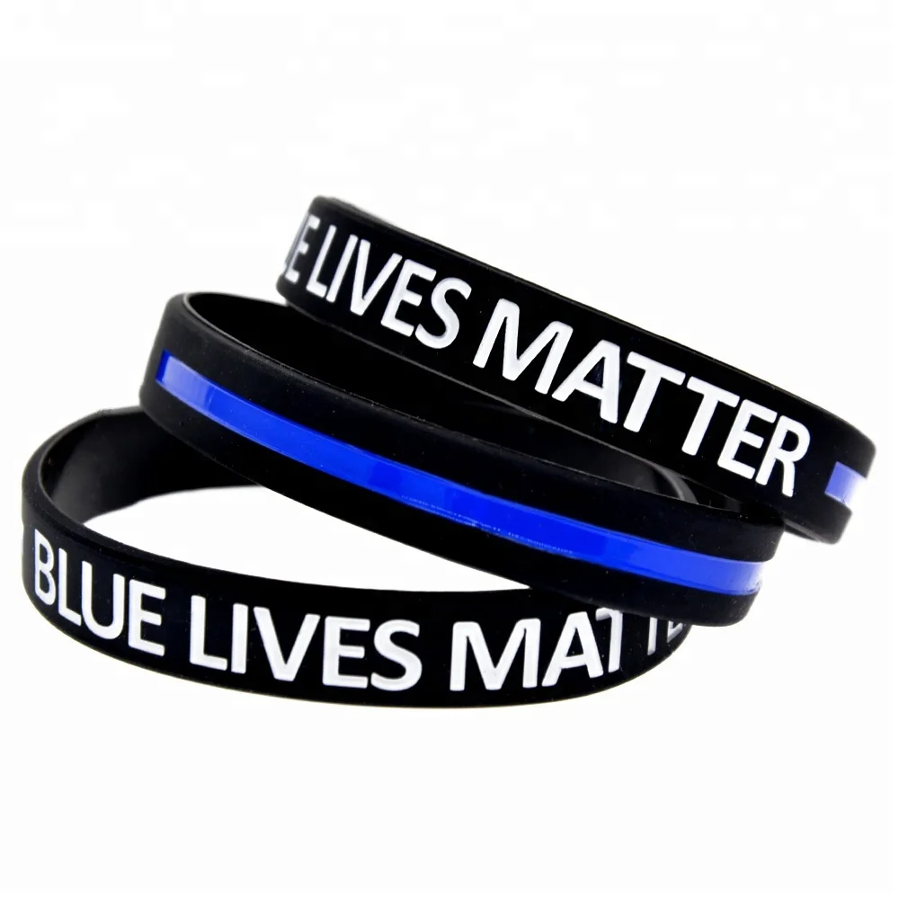 

50PCS Debossed and Filled in Color Blue Lives Matter Silicone Wristband, Black