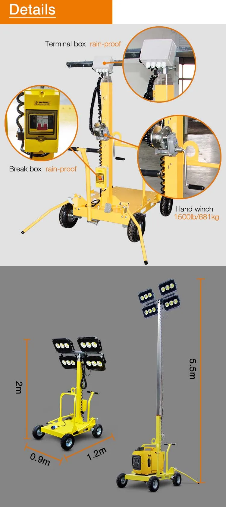 High mast 4*150W 4*1000W led portable mobile generator light tower with rain proof