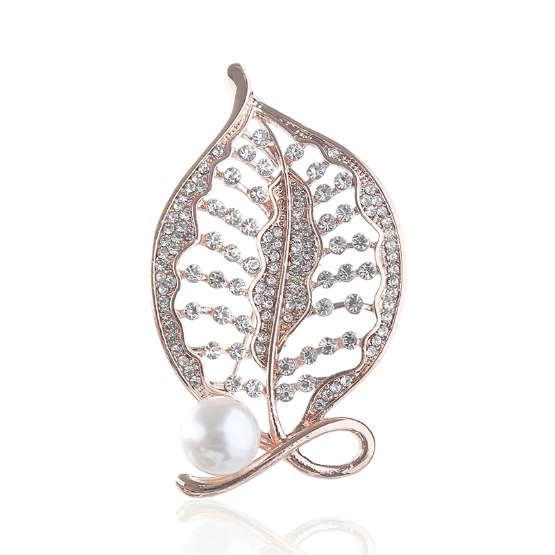 

Korean rose gold pearl leaf brooch hollowed-out crystal corsage cardigan pin