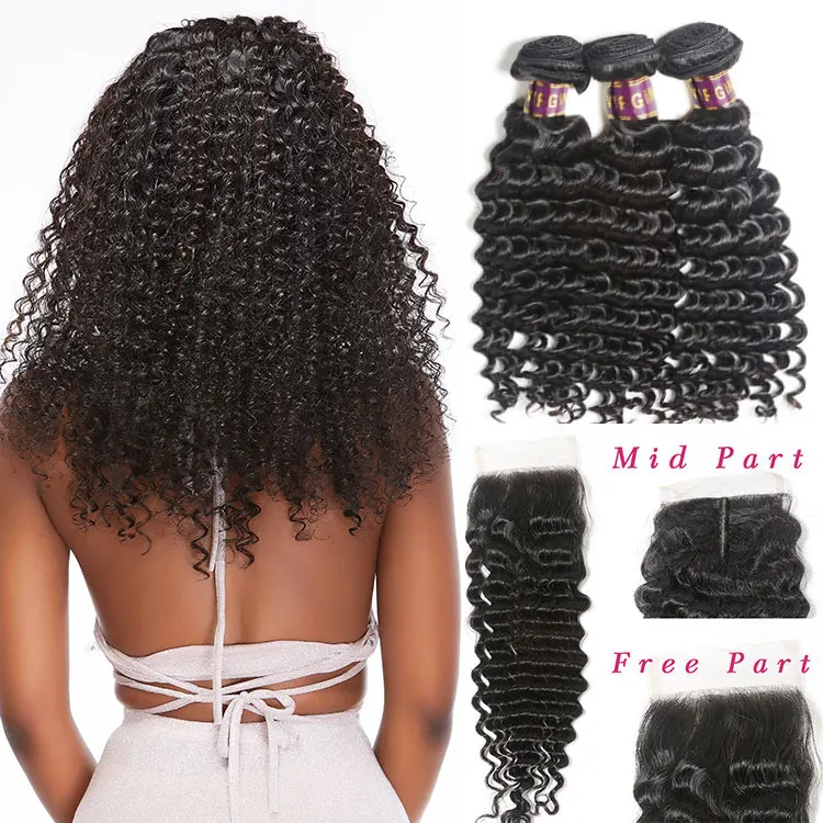 

XBL Free Shipping 70% Off Raw Virgin Deep Wave Hair Bundles With Closure, Natural black or brown