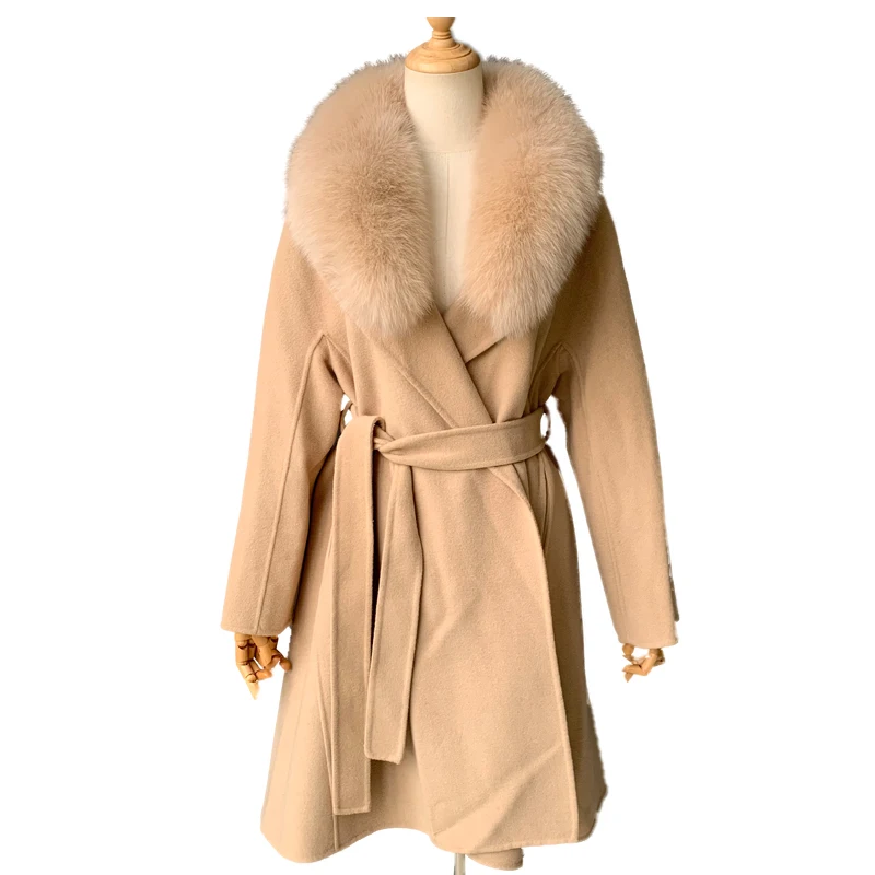 

High Quality Wholesale Custom Handmade Real Fox Fur Collar Cashmere Jacket Women Trench Winter Wool Coat