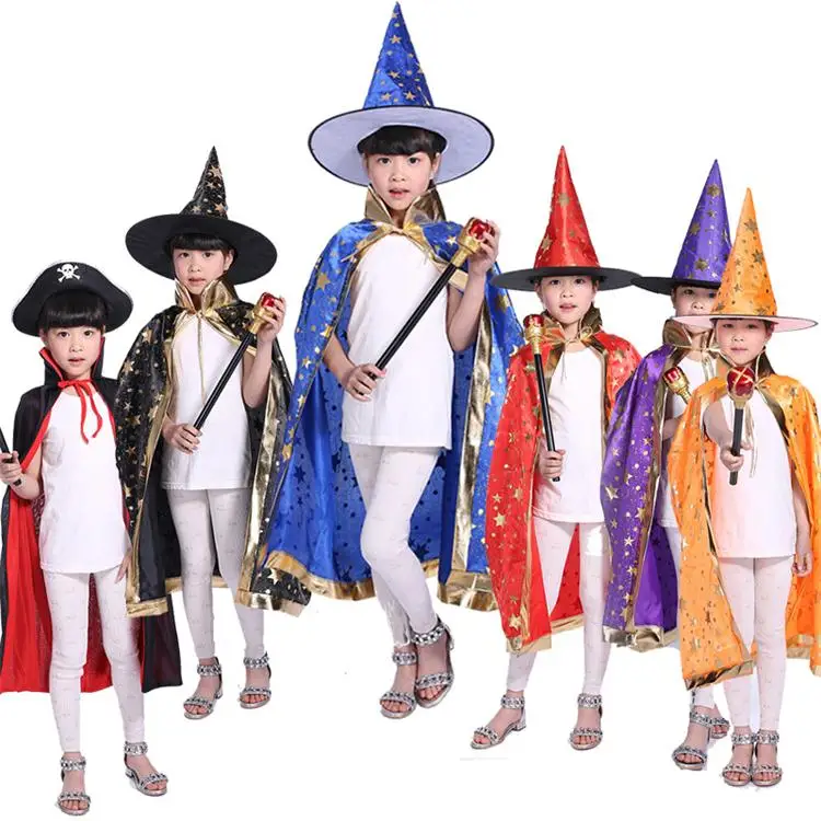 Kids Happy Halloween Costume Set Wizard Witch Cloak Cape Robe And Hat ...