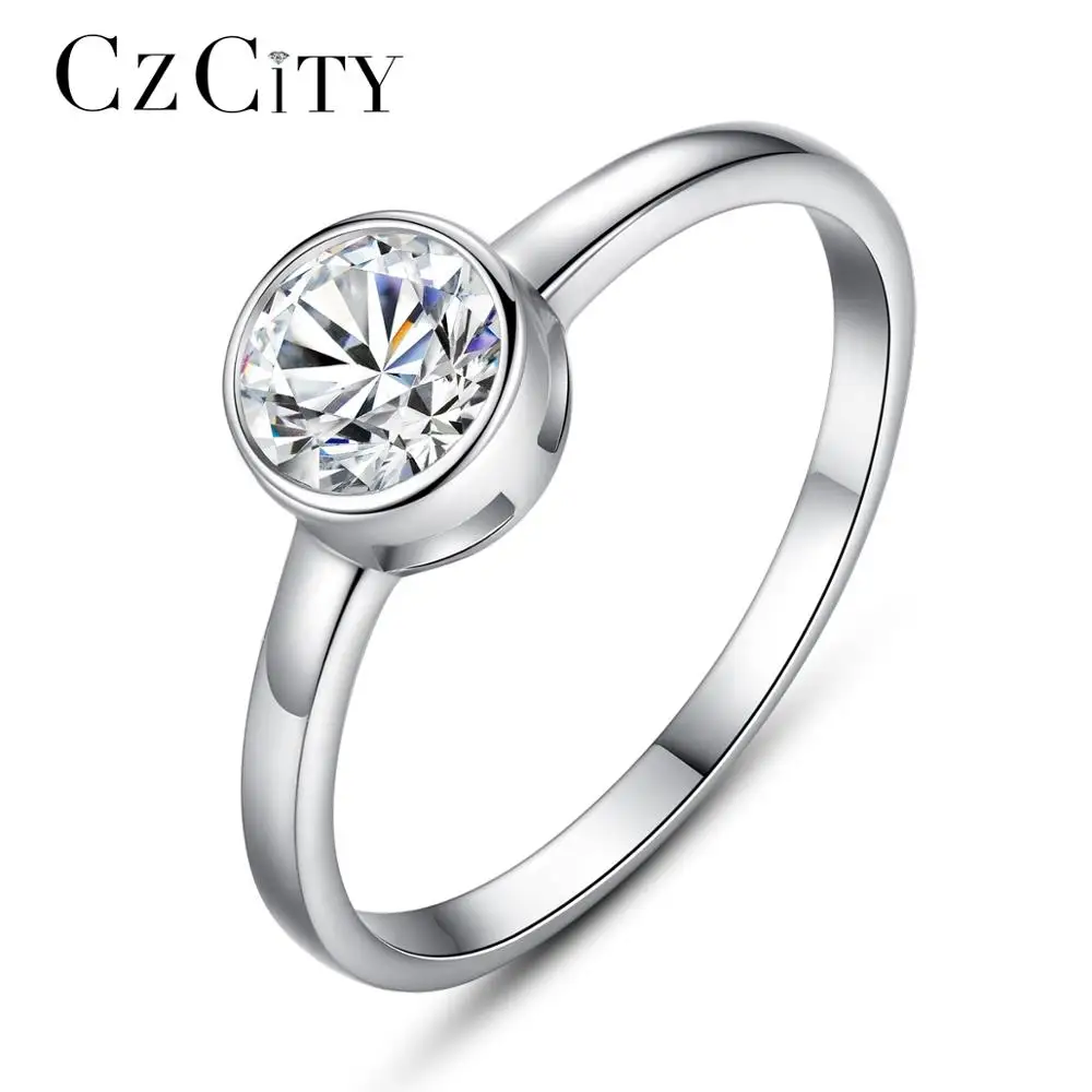 

CZCITY Bezel Setting Round CZ 1ct Delicate 925 Sterling Silver Wedding Rings for Women CZ Ring Fine Jewelry