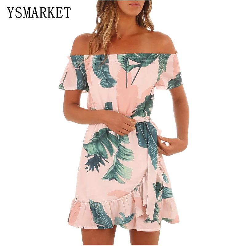 

Summer Fashion Tropical Leaf Print Mini Dress 2018 Women Sexy Off Shoulder Short Sleeve Ruched Mini Dress E220314, N/a