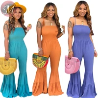 

9071933 queenmoen hot style fashionable solid color smocking stitch suspender woman flare jumpsuit summer jumpsuits for women