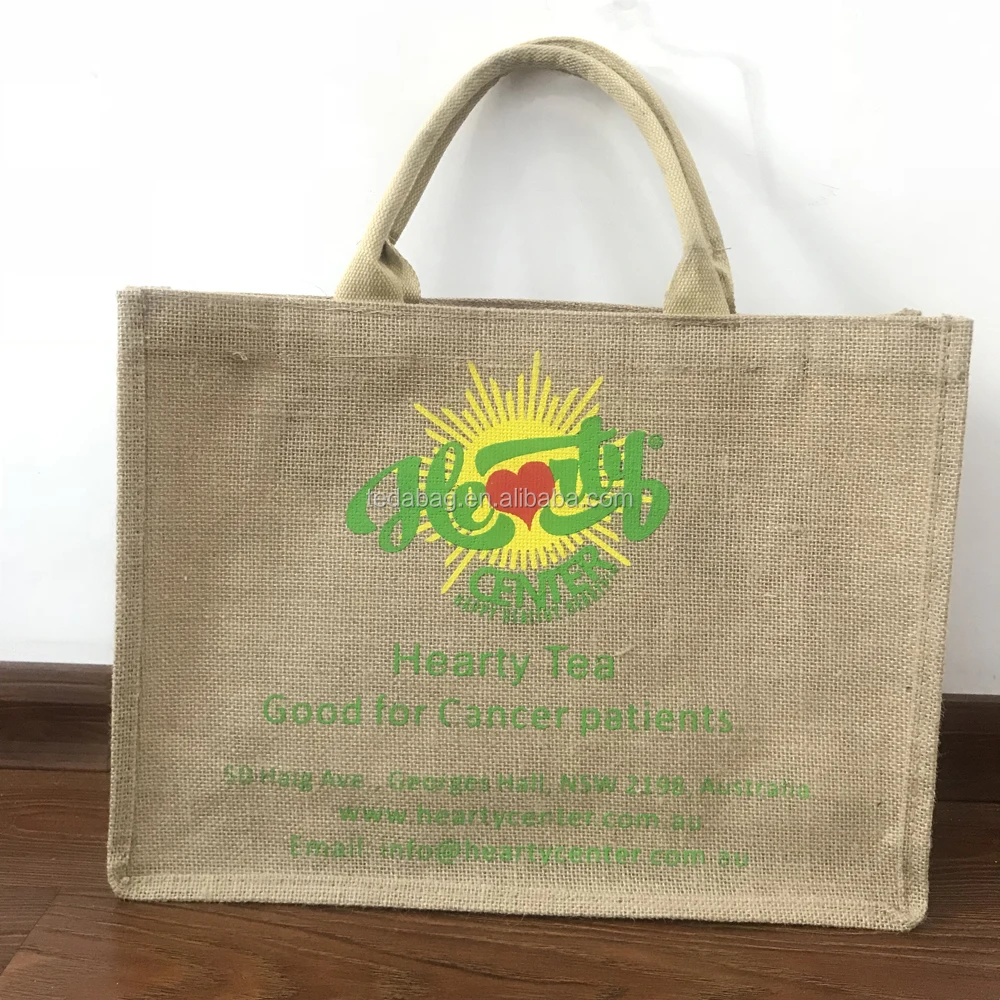 Eco Friendly Reusable Jute Shopping Bag With Zipper Closure Printed