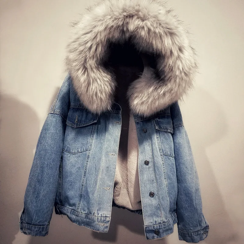 

2020 Woman Ladies Fur Hooded Parka Jacket Women Custom Oversized Denim Jacket Short Jeans Coat
