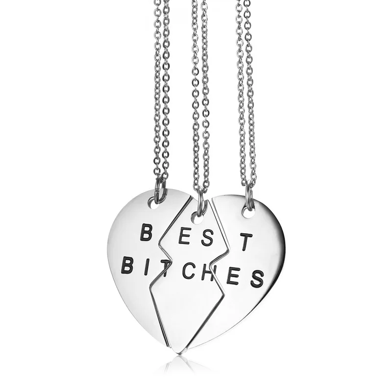 

Best Friend Necklace Jewelry 3pc/set Broken Heart Love Pendent Stainless Steel Engraved Letters BEST BITCHES Chain Necklace Set, Silver