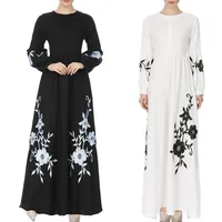 

S-XXL Black White Long Sleeve Islamic Dresses Women Embroidery Flower Muslim Maxi Dress Ladies Casual Dubai Middle East Arab