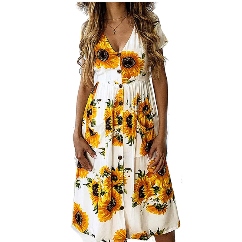 

Guangdong Fashion Bohemian Printed Sunflower Women Mid Beach Dress