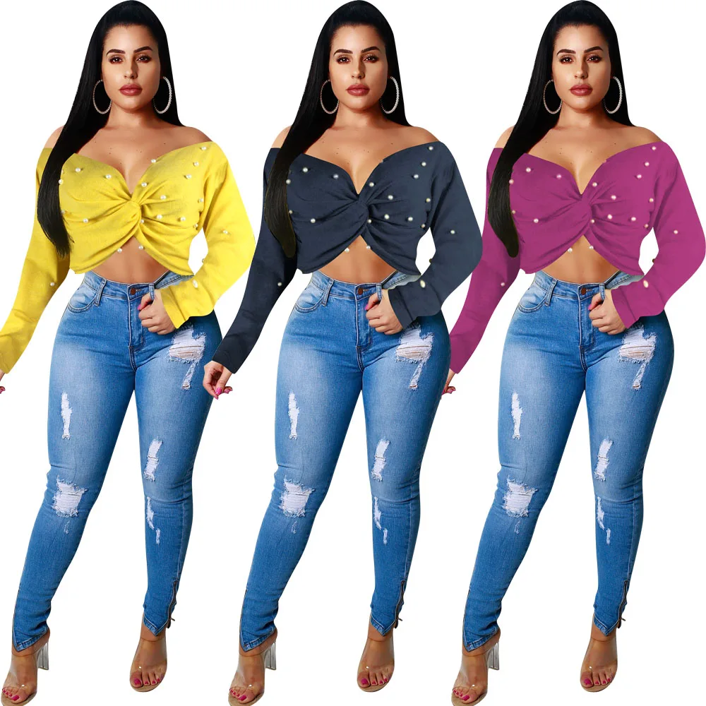 

women sexy off shoulder long sleeve beaded crop top OPL5273