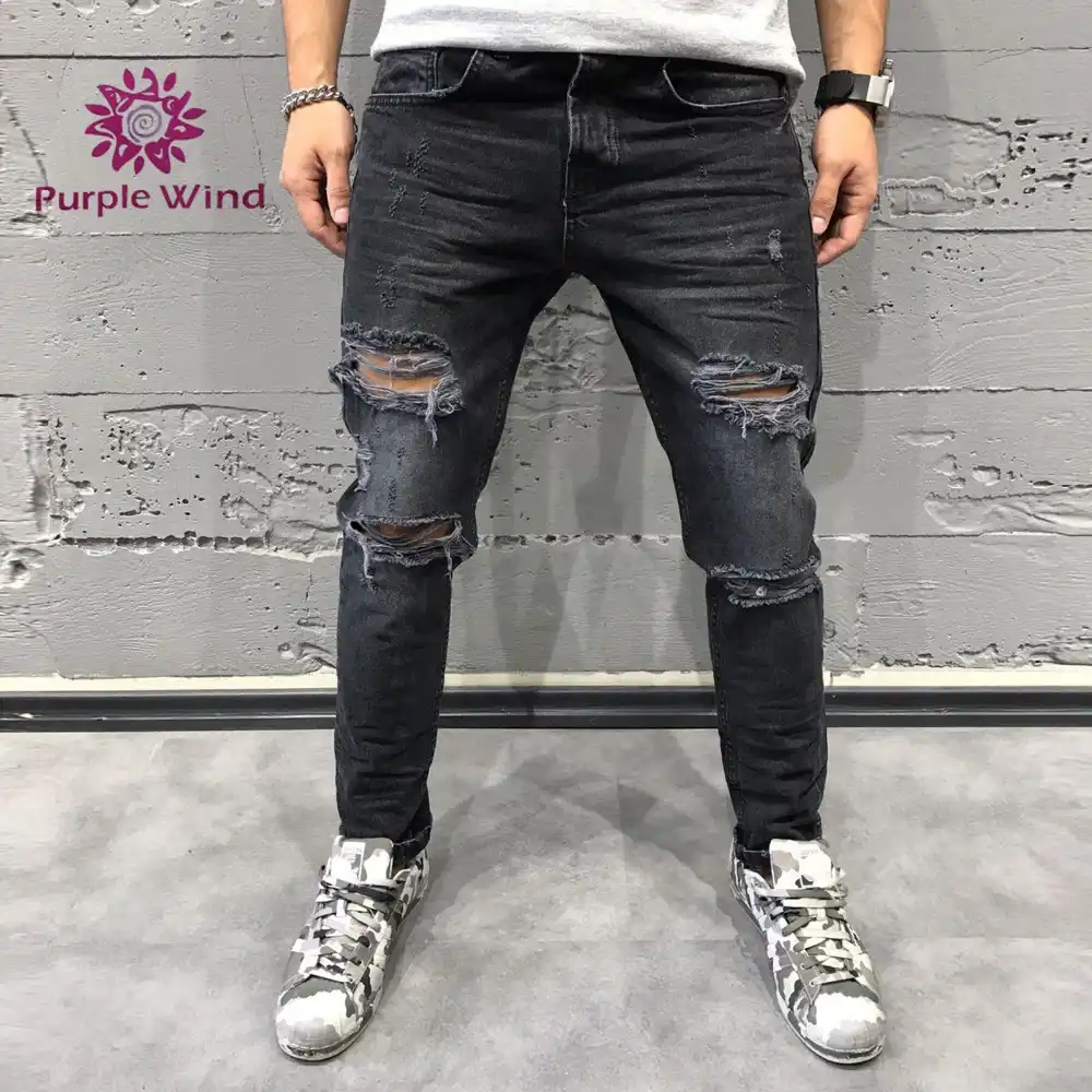 mens black skinny stretch ripped jeans