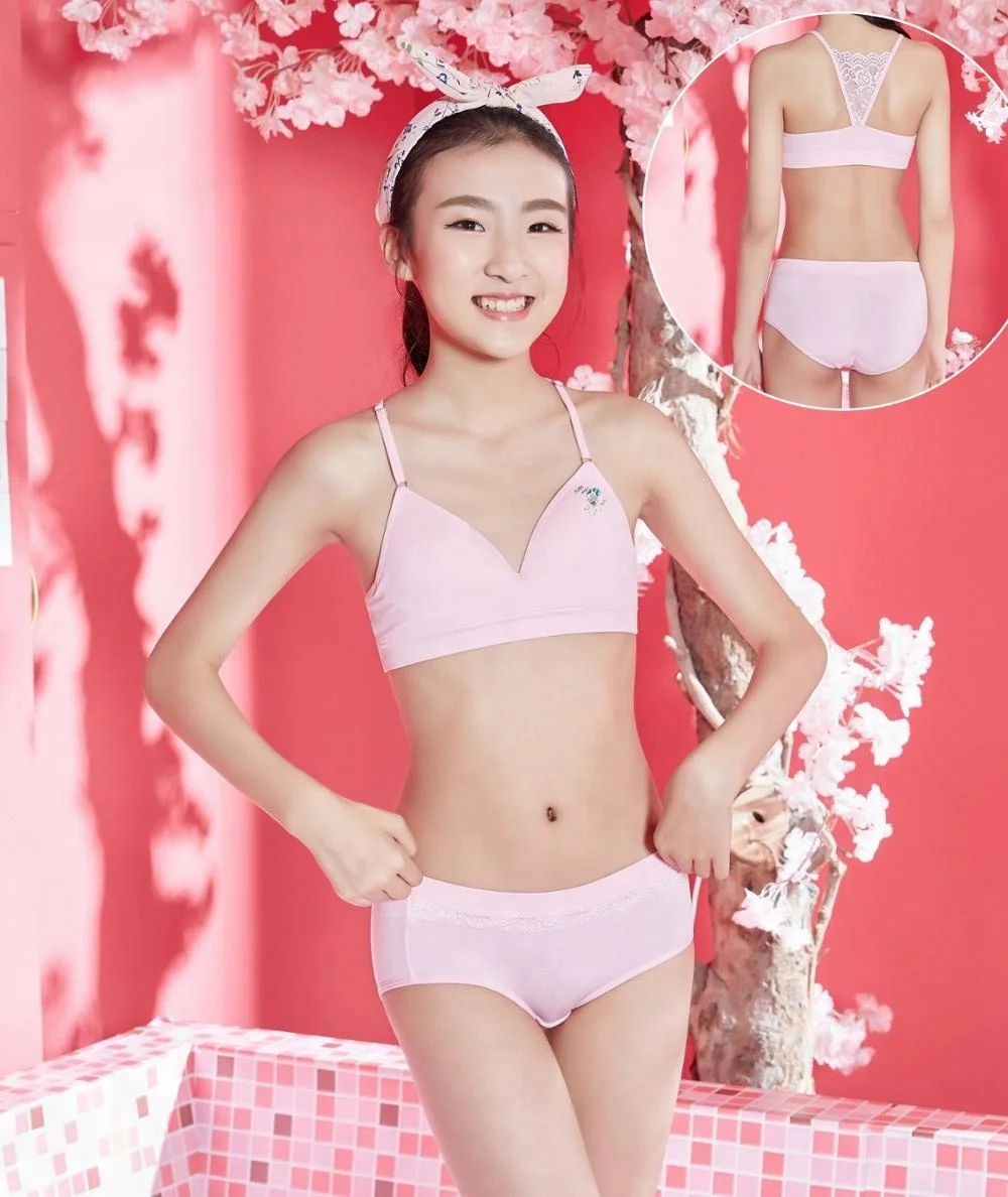 

sweet teenager girl bra panty set cute print lovely children underwear set age 12-16, Grey, light green, pink, beige, white